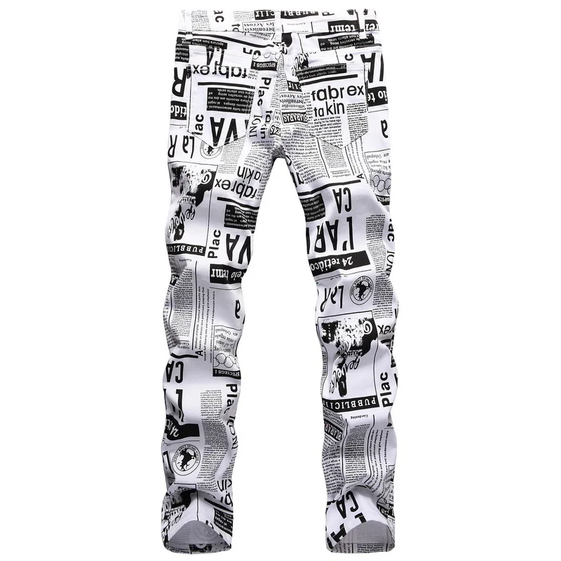 Male Personality Letter Printed Mens Jeans Painted Casual Trendy Nightclub Singer Explosive Denim Trousers Slim Stretch Jeans