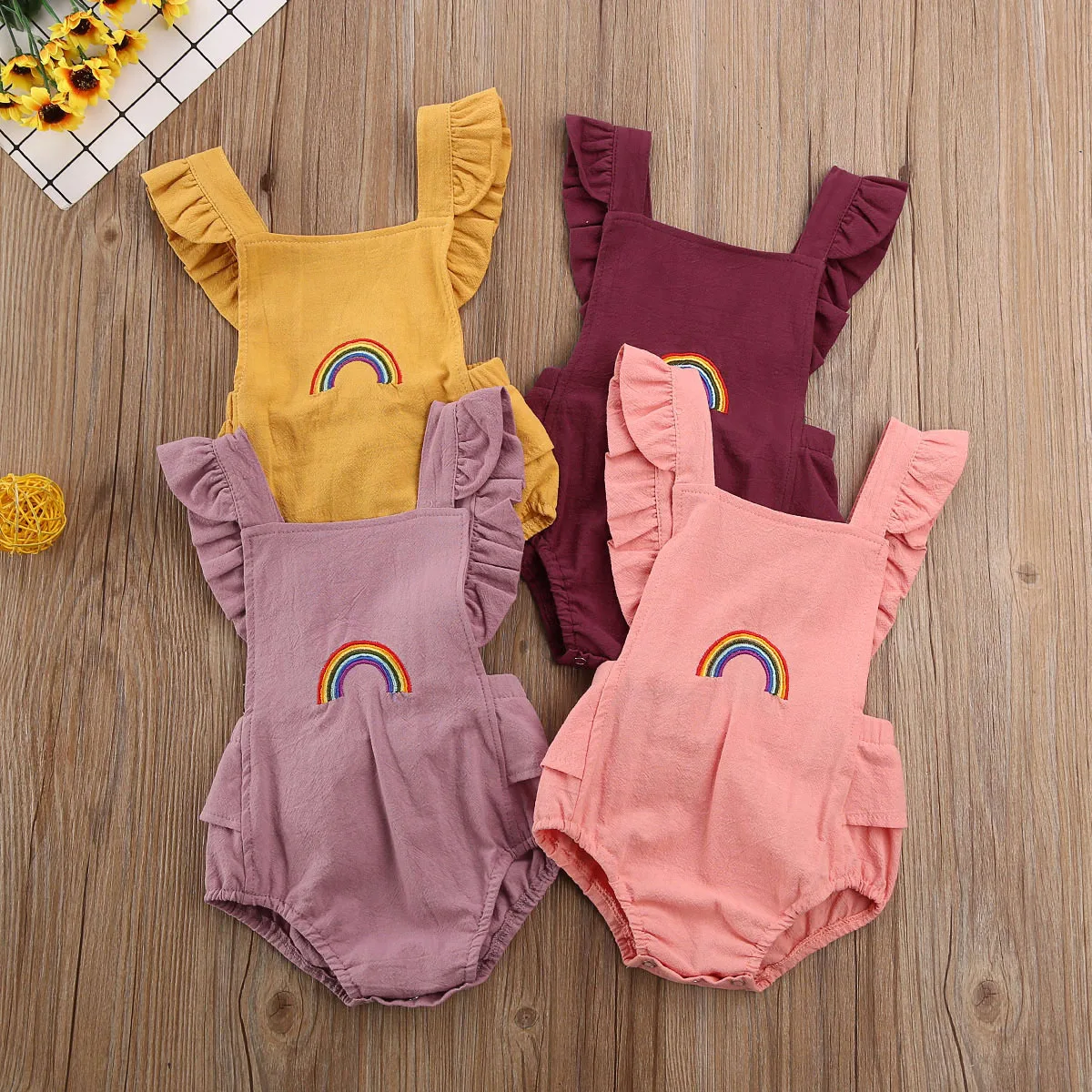 

Newborn Baby Boy Girl Clothes Solid Color Sleeveless Ruffle Rainbow Romper Jumpsuit One-Piece Outfit 0-18M Cotton Infant Clothes