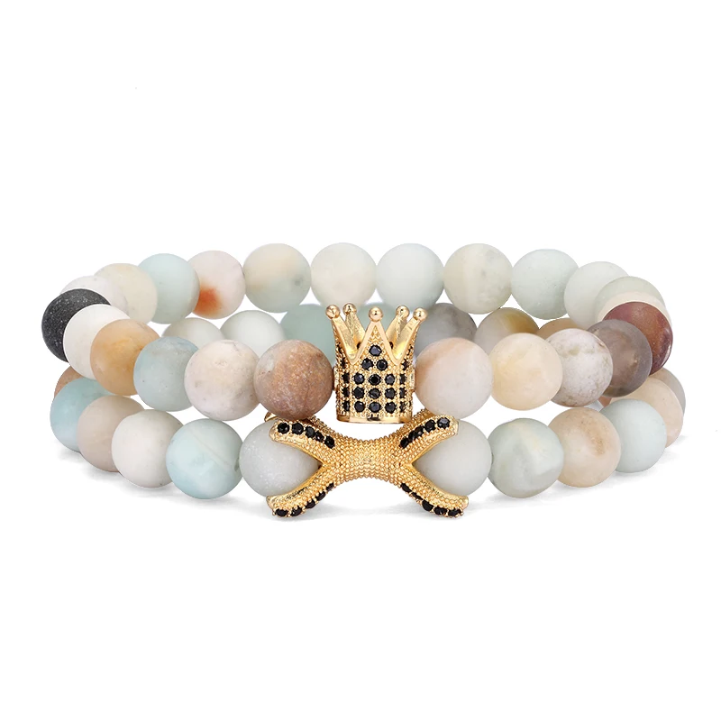 

2 pieces / set of men's charm bracelet new fashion design CZ crown Amazon frosted stone bead bracelet men's cuff jewelry