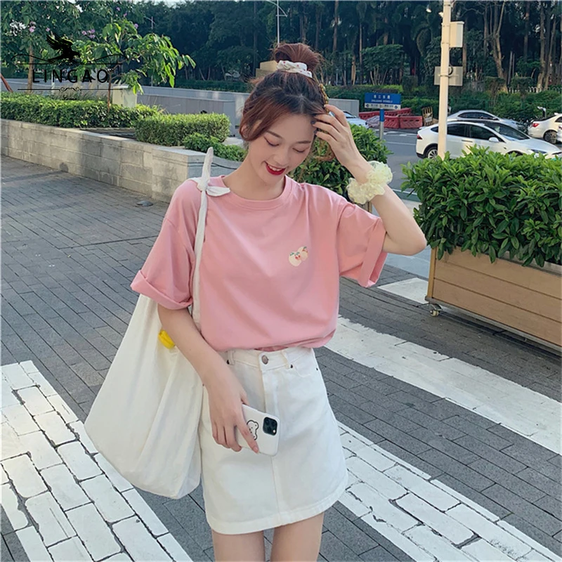 

Peach Printed Loose Short Sleeve T-Shirt Cartoon Women’s 2021 Short Summer Regular Tee Pink Mid-Length Top New All-Match Clothes