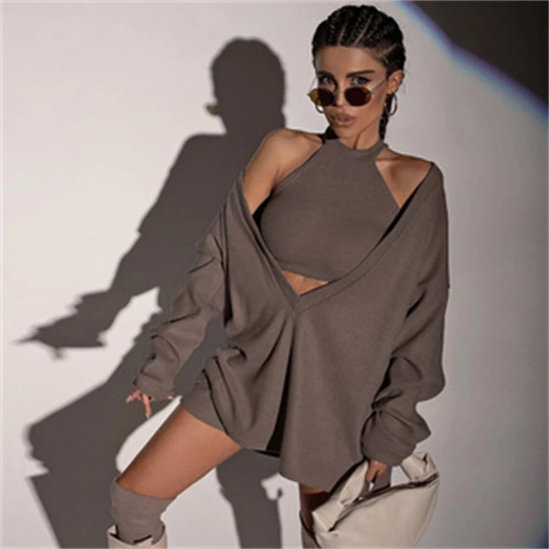 Pullover 2021 New High Neck Vest + V-neck Long Sleeve Loose Two-Piece Suit