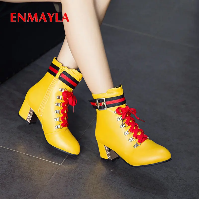 ENMAYLA Winter Boots Women PU Synthetic Lace-Up Round Toe Ankle Boots for Women Square Heel Short Plush Mixed Colors Women Shoes aercourm a 2019 women middle heel boots black white winter shoes short plush boots lace solid color shoes ankle boots for women