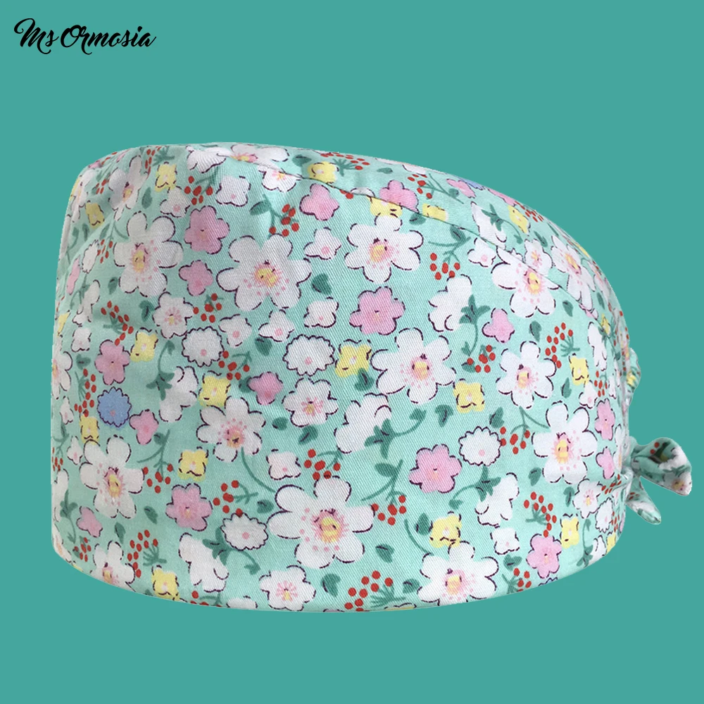 

cute Floral cartoon printing adjustable Scrub cap pet shop laboratory working hats beauty salon Scrub Caps Custom logo wholesale