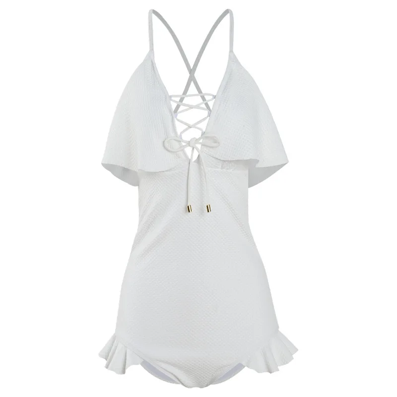 Женский цельный купальник однотонный пляжный костюм с оборками V-образным