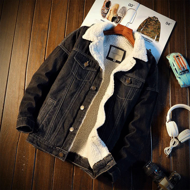 Мужская джинсовая куртка с шерстяной подкладкой светло голубая или черная