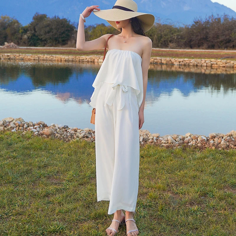 

Summer White Women Jumpsuit Elegant Tropical Wide Leg Strapless Rompers Casual Beach Vacation Korean 2021 New