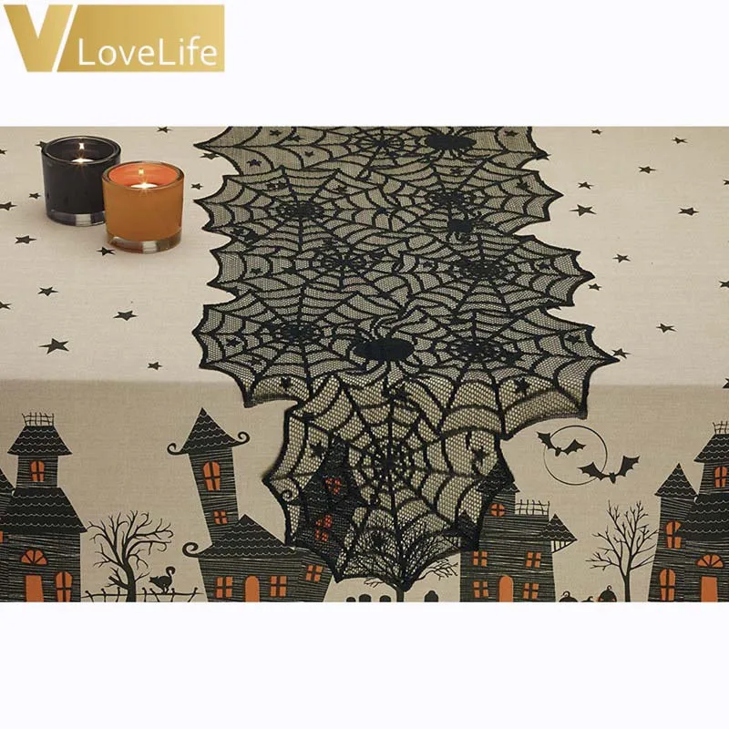 table cover black lace table cloth table runner luxury round rectangle skull mat halloween decorations for home decor 2021 new free global shipping