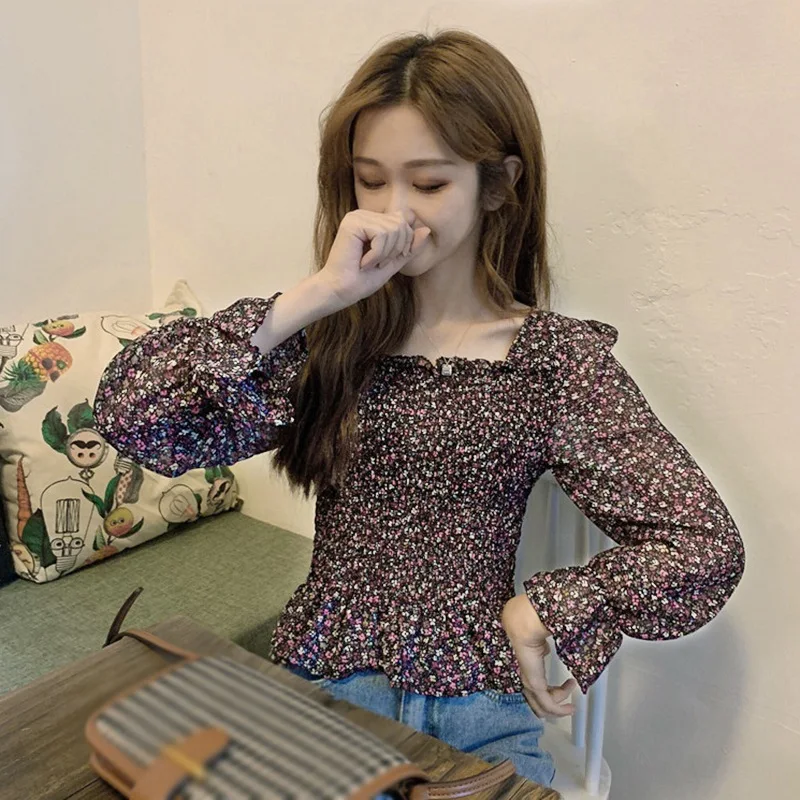 

Fashion Puff Sleeve Square Collar Women Tops and Blouse Summer Floral Chiffon Shirt blusas