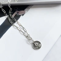 925 sterling silver fashion retro coin round human head pendant necklace female unique sweater chain jewelry
