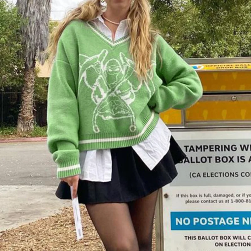 

Preppy Style Y2K Print Sweater Oversized Streetwear Fashion 2022 Harajuku Autumn Winter Knitted Jumper Loose Knitwear Pullovers