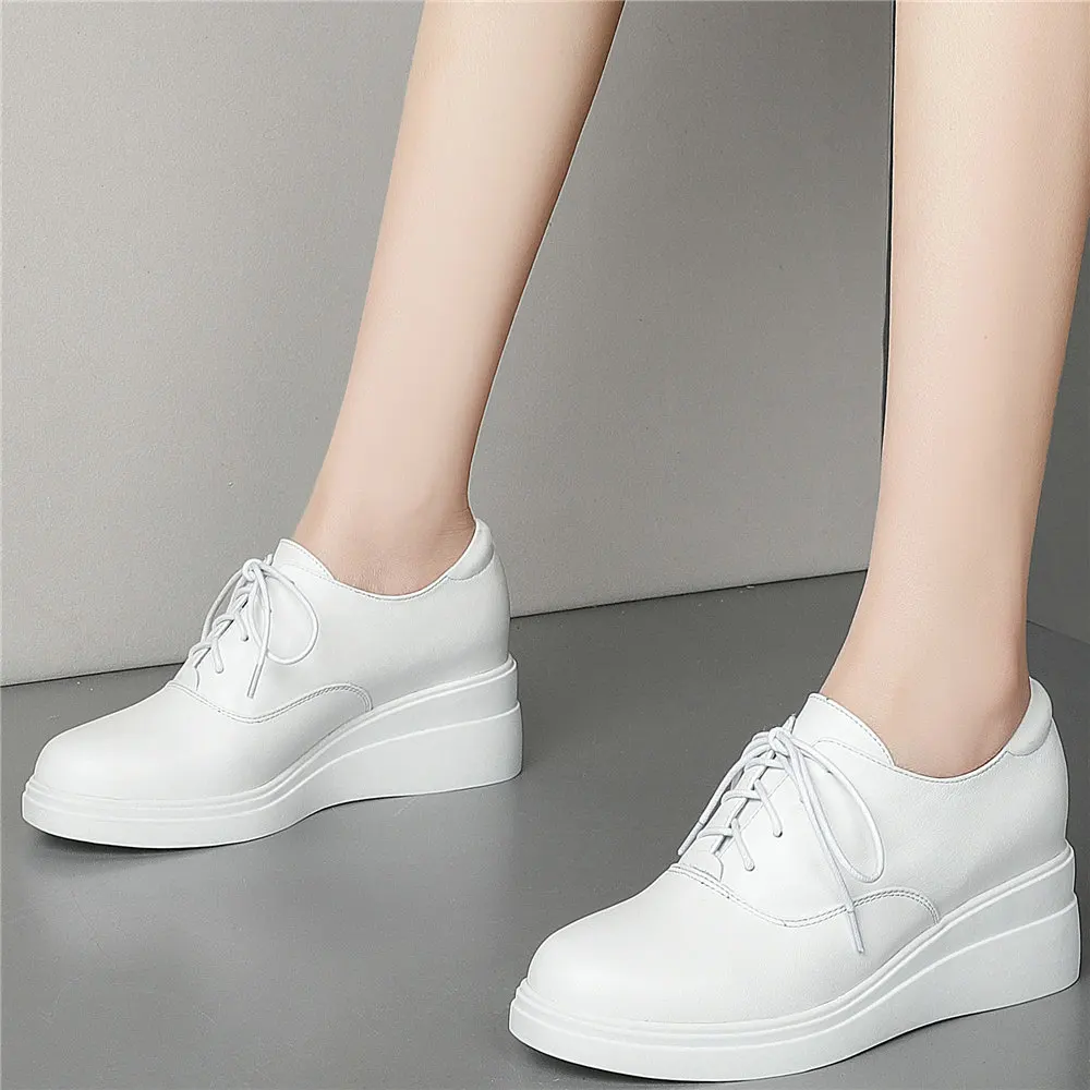 7cm High Heel Creepers Women Lace Up Genuine Leather Hidden Wedges Ankle Boots Female Round Toe Fashion Sneakers Casual Shoes