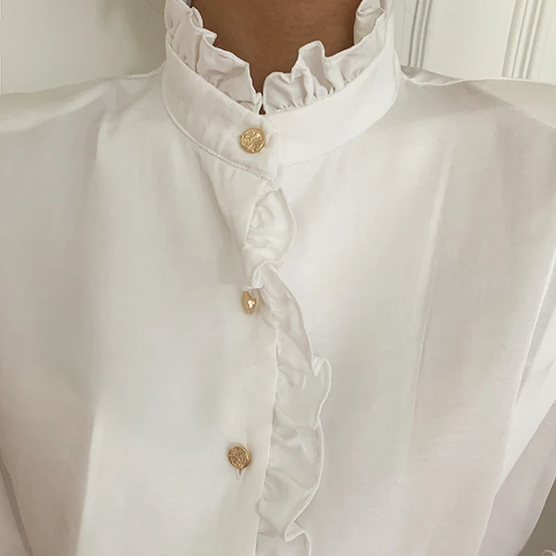 

Office Lady Single Breasted Stand Collar Women Shirts New White Long Sleeve Blouse Women Solid Button Cardigan Ladies Tops 12489