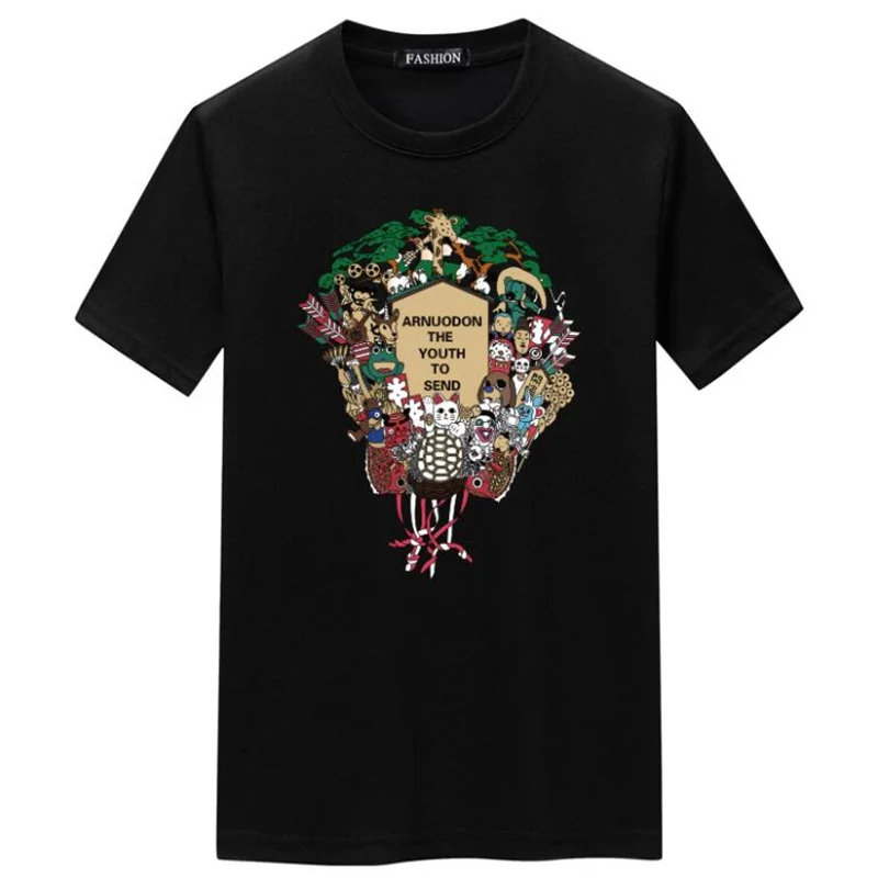 

Lucky Cat Print Short-sleeved T-shirt Men's Large Size Loose Casual Tops Tees Male Cotton O-Neck T-shirt