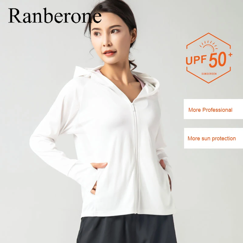 Women’s Sun Protection Clothing Ice Silk Sport Coat Hooded Lightweight UV-resistant Long Sleeves Running Fitness Riding Coat