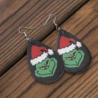 2020 new simple believe christmas grinch leather tears two sided drop earrings for women