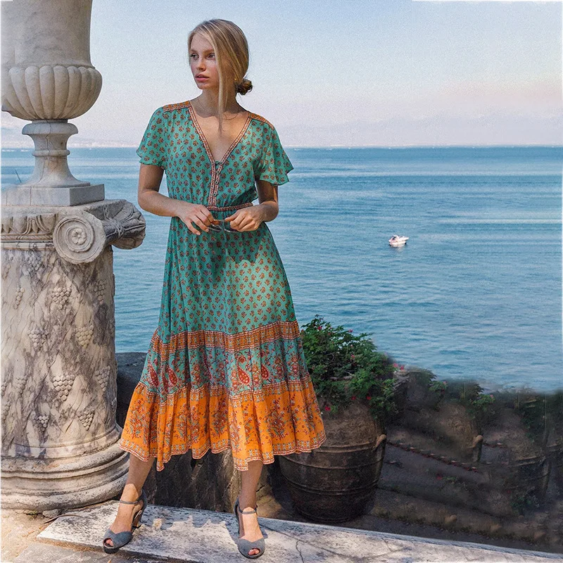 

Summer Dress Bohemian Printed Hem Patchwork Retro Pattern V-neck Single Breasted Large Swing Dress Women Clothing Korean dress