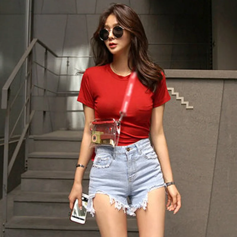 Женская футболка с коротким рукавом однотонная Базовая тонкими карманами