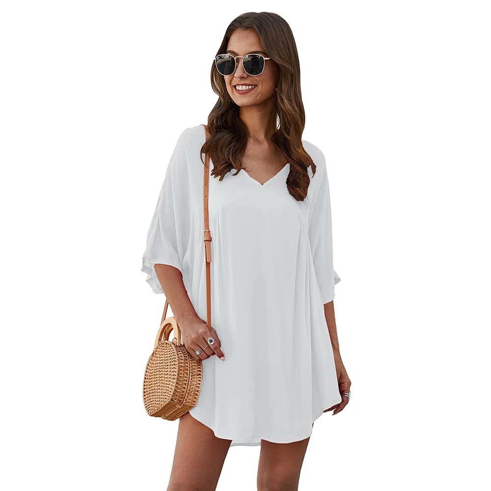 

Sexy fashion dress female summer chiffon solid color dress casual V-neck summer dress beach skirt