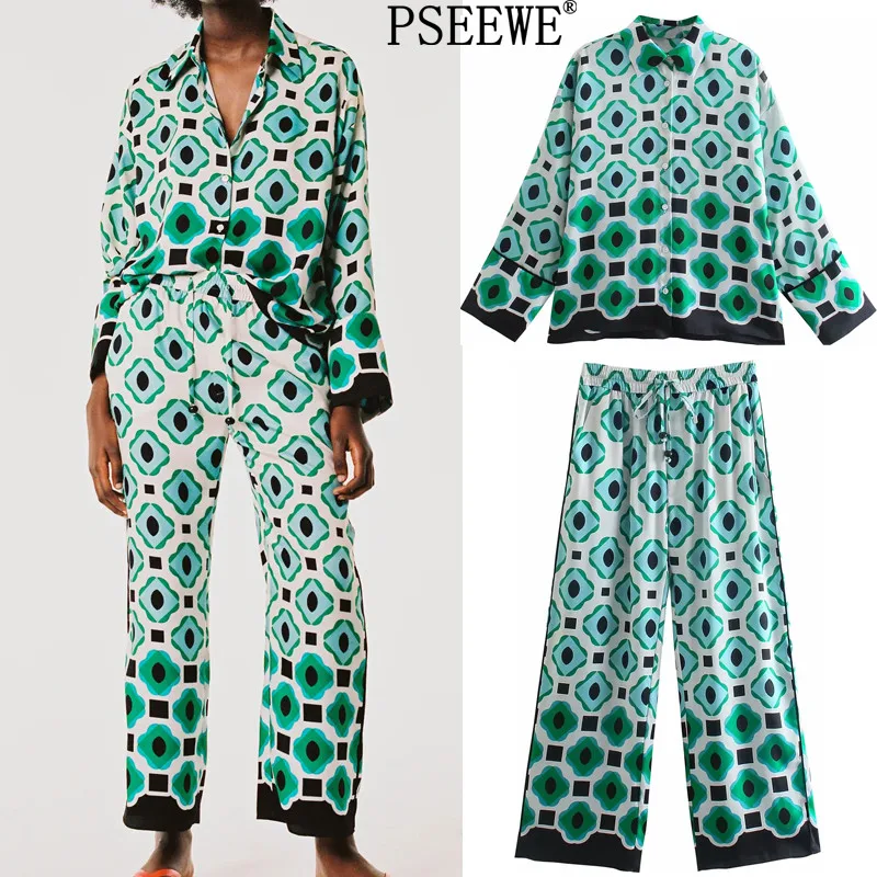 PSEEWE Two Piece Set Women Za 2021 Geometric Print Long Sleeve Shirts Woman Tracksuits High Waist Casual Trousers For Female