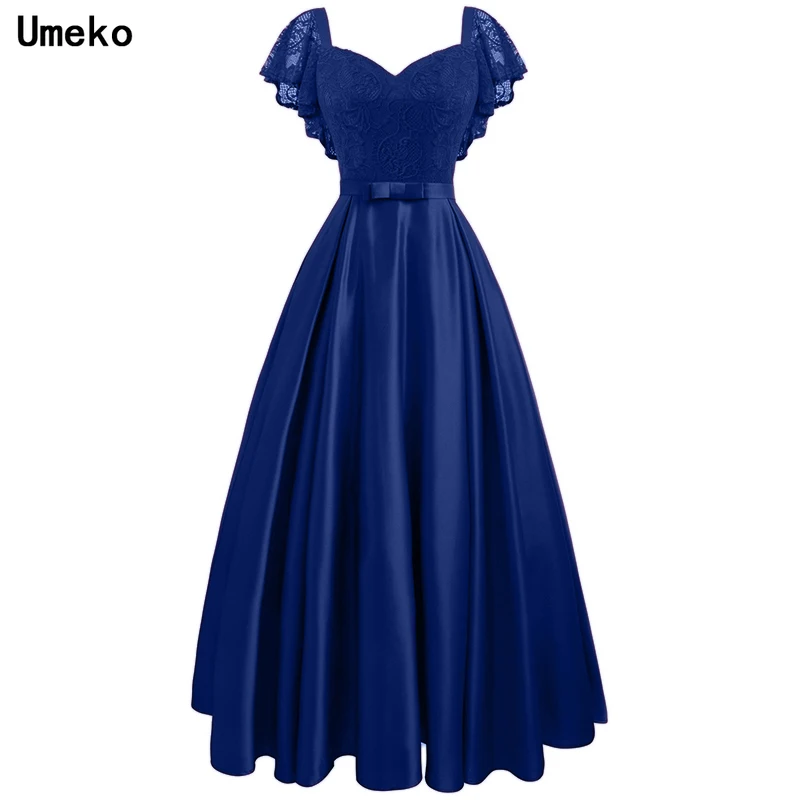 Платье Maxi для вечеринок 2020 года новой моды для женщин с кружевными вставками на коротких рукавах, высокой талией, А-образного кроя с длинным бантом и плюс размером.