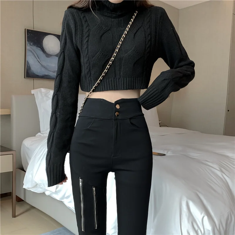 

2021 spring autumn new elastic zipper leggings large size pants trousers slim pants black feet pants women's pencil pants KZ539