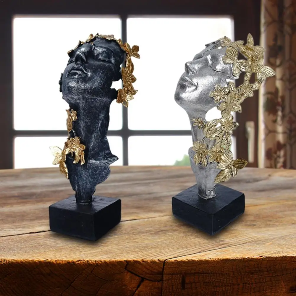 

Abstract Women Face Statue Nordic Girl Face Resin Sculpture Gold Flower Butterfly Simple Modern Lady Head Figure Female Figurine