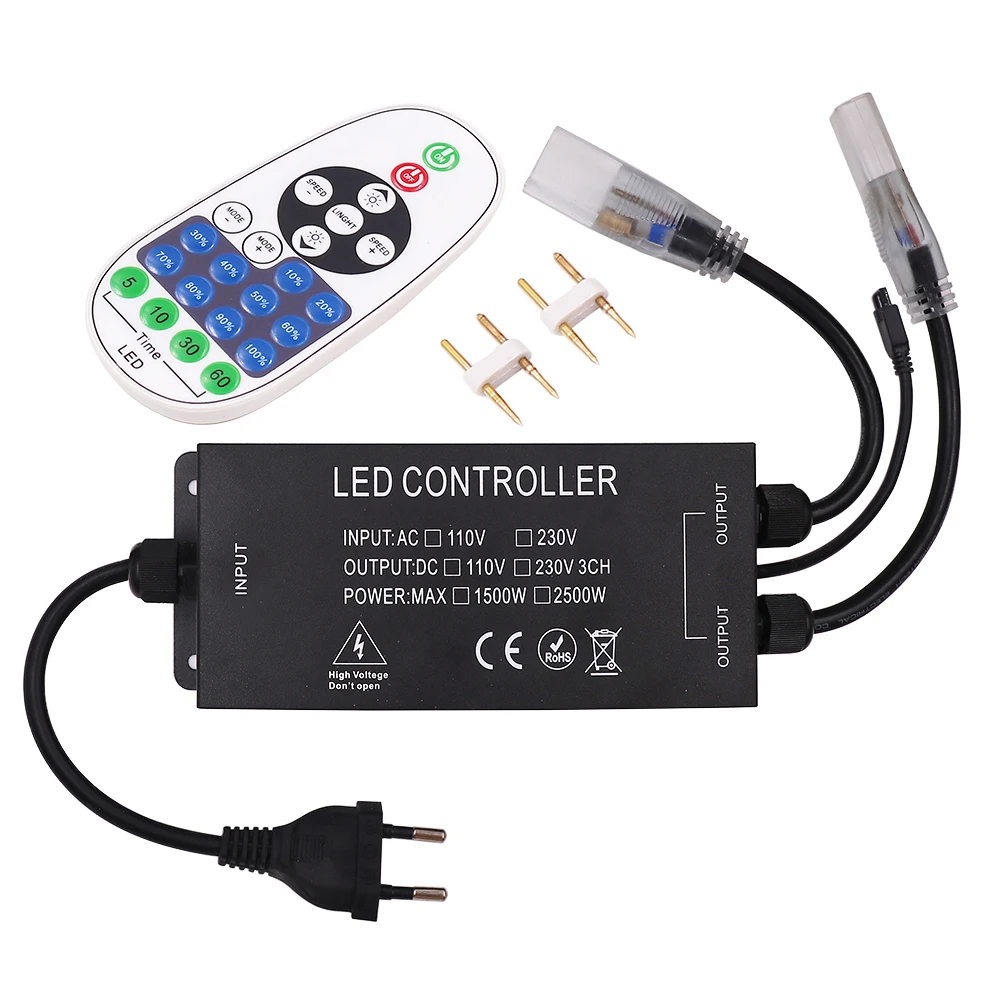 

110V 220V Double Head Output Dimmer with 23key RF Remote Controller 2500W 6MM 12MM 15MM PCB For LED Strip Neon Light EU/UK/US/AU