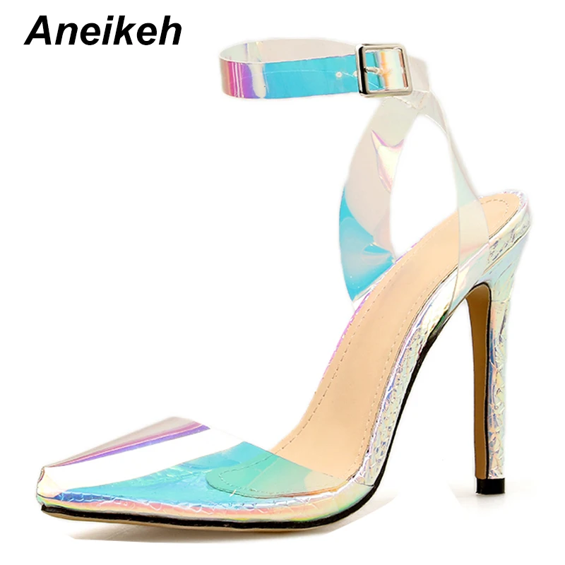 colour Aneikeh/серебристые женские босоножки из ПВХ на каблуке; Туфли-гладиаторы с ремешком на щиколотке; модельные туфли на высоком тонком каблуке с острым носком; модная летняя женская обувь - Цвет: colour