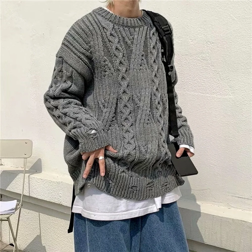 

Chunky Knit Sweater Winter Grey Cable Knit Jumper Warm Jumper Oversized Sweaters Men Knitted Sweater Pullover Woolen Tops 2021