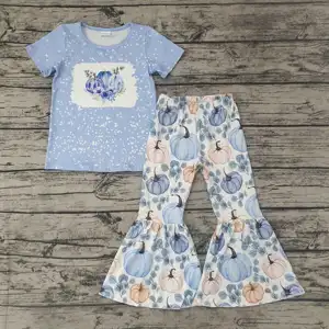 Spring/Fall Baby Girl Wholesale Clothing Thanksgiving Style Light Blue Pumpkin Shirt Bell-Bottom Pants