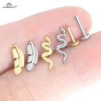 1 2pcs 16g internal thread feather snake labret piercing titanium gold color nose ring helix piercing stud conch tragus earrings
