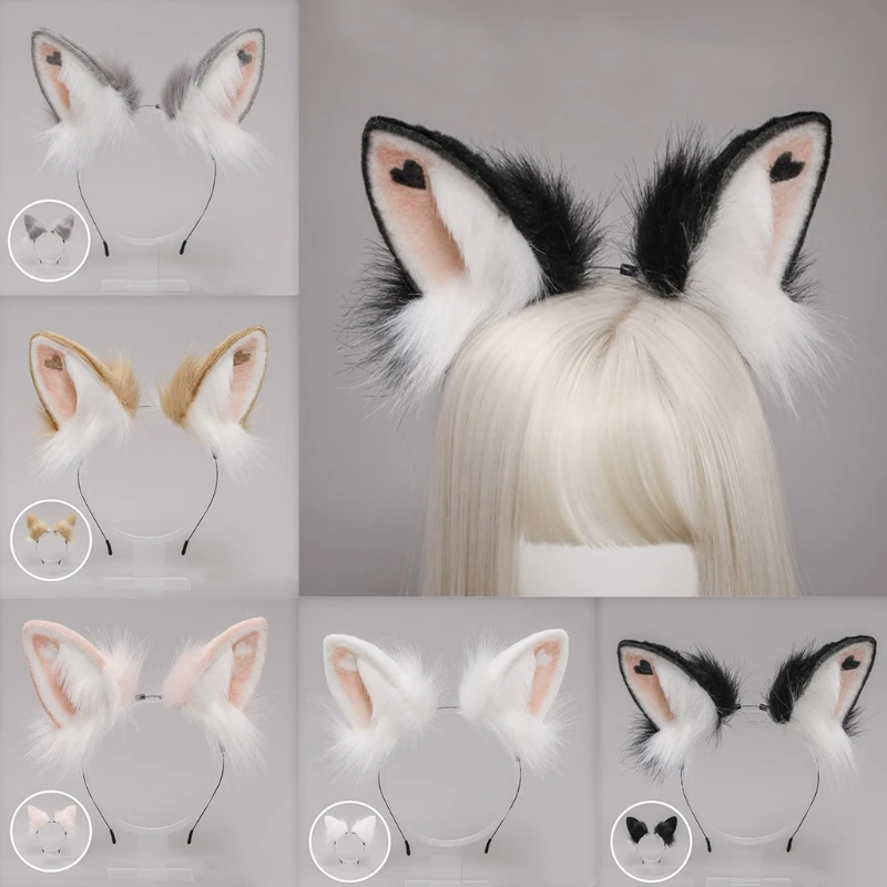 

Lolita Headbands Furry Rabbit Cat Ears Headwear with Heart Kawaii Animal Hair Hoop for Cosplay Headpiece Party Supplies