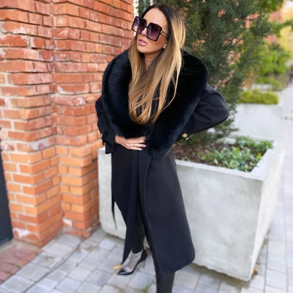 Black Long Wool Blends Coat with Fox Fur Lapel Collar Warm Winter New Natural Fox Fur Cashmere Coat Luxury Outwear Female 2022 enlarge