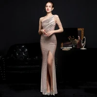 yidingzs elegant one shoulder slit gold sequin evening dress 2021 women beads party maxi dress