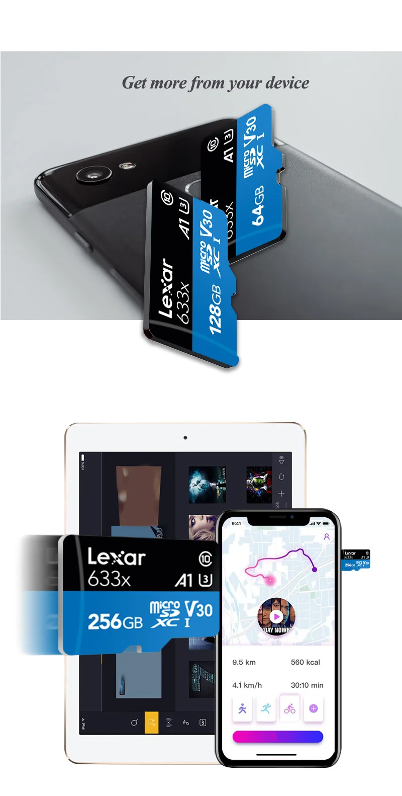 Lexar Оригинальная карта памяти 633x максимальное значение скорости 95 МБ/с./с 32 Гб SDXC класс 10 Micro SD карта 64 Гб 128 ГБ U3 UHS-I V30 TF Microsd