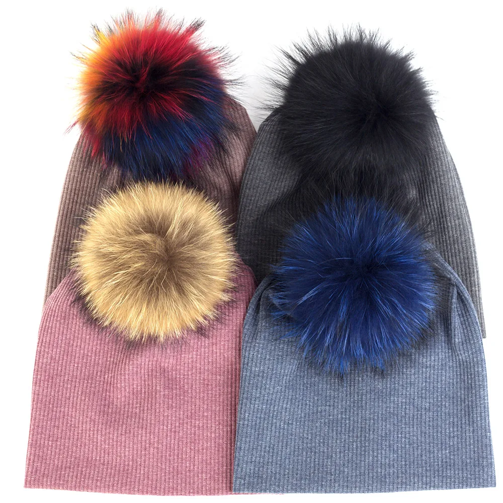 

Fashion Adults Cotton Knitted Hat Women Men Beanie Hats Solid Color Warm Ribbed Skull Cap with 15 cm Real Fur Pompom for Winter