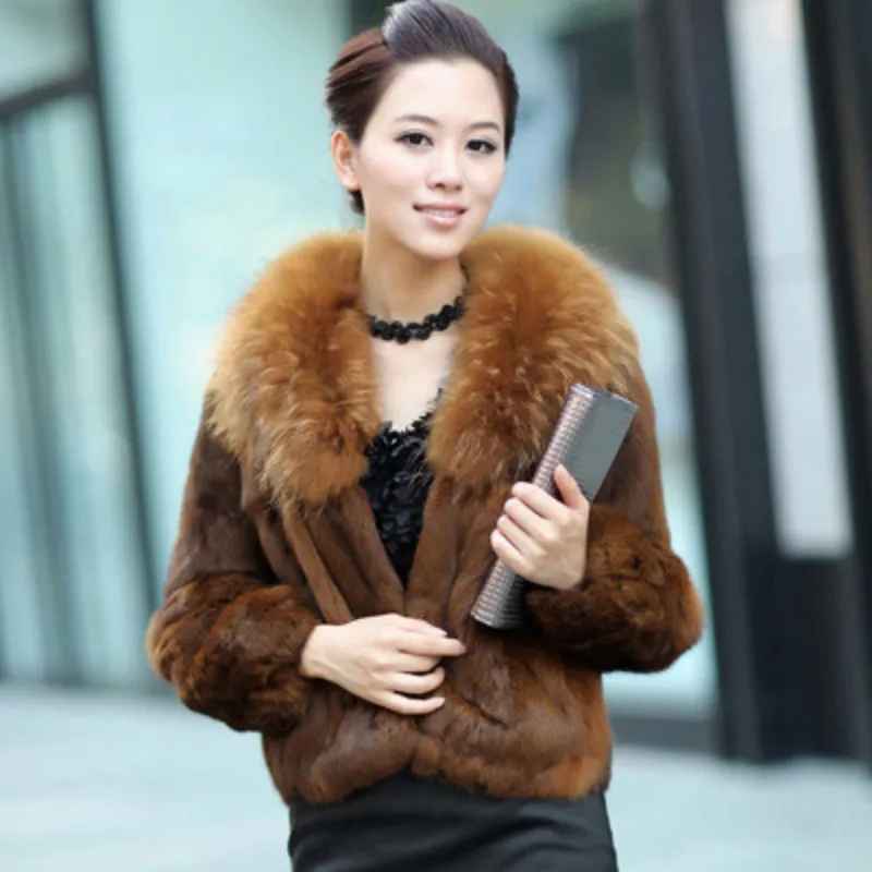 

Elegant Thick Natural Fur Short Coat for Women Slim Autumn Winter Raccoon Dog Fur Collar Rabbit Real Fur Coats Female jeacket