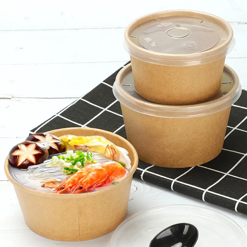 

50pcs Disposable kraft paper bowl round takeaway packaging salad fruit food container1000ml large lunch boxes dessert box