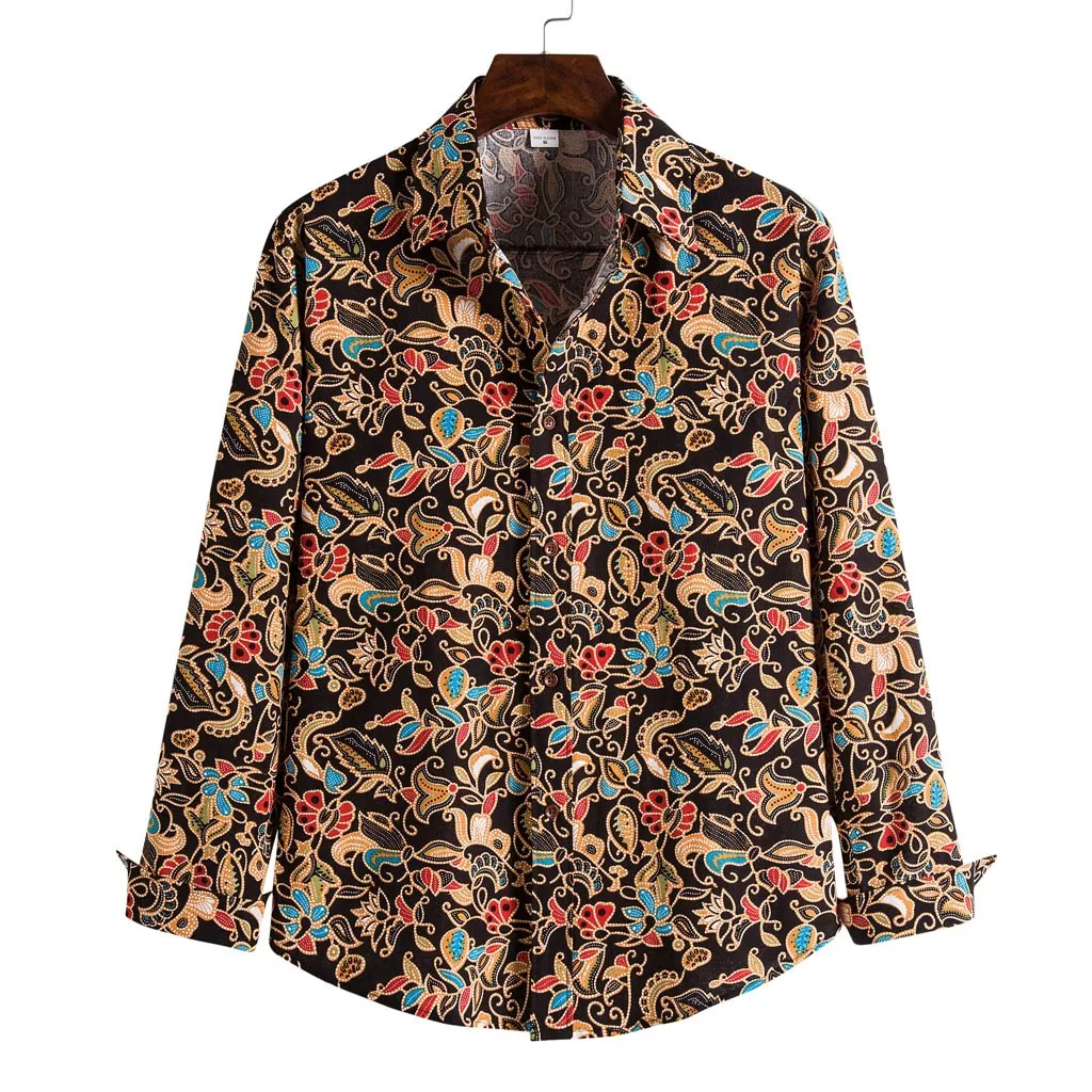 

Mens Fashion Hawaiian Shirt Winter Autumn Casual Long Sleeve Cotton Linen Shirts Ethnic Printed Blouse chemise streetwear shirts