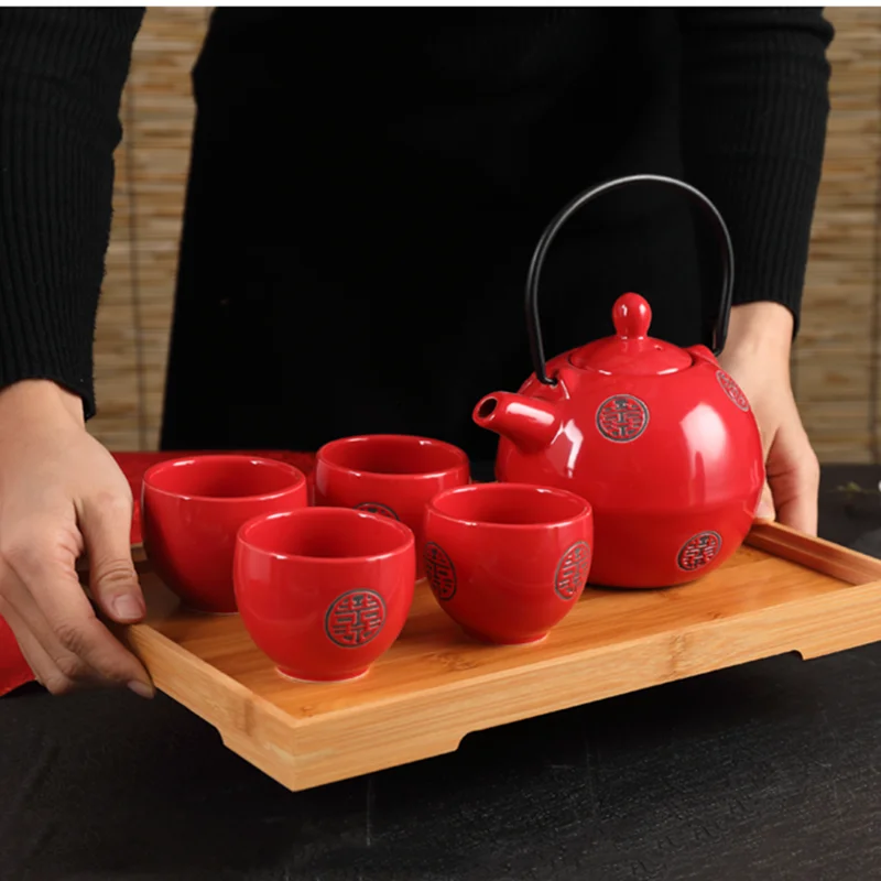 Exquisite Ceramic Plum Blossom Tea Set Filter Teapot Handmade Kettle Teacups Chinese Style Wedding Red Teaware Luxury Gifts