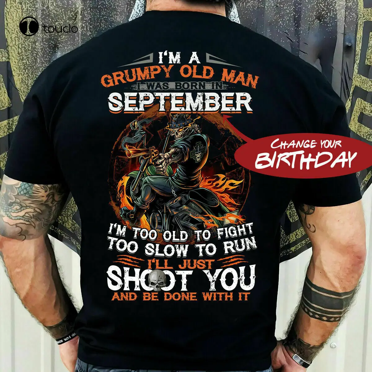 

I'M A Grumpy Old Man I Was Born In (Change Your Birthday) Skeleton Biker T-Shirt Cotton Tee Shirt