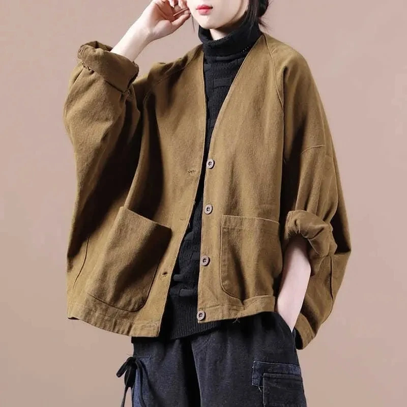 

Женская винтажная куртка на пуговицах Johnature, однотонная Свободная куртка с рукавом летучая мышь, карманами, повседневная одежда на весну 2021