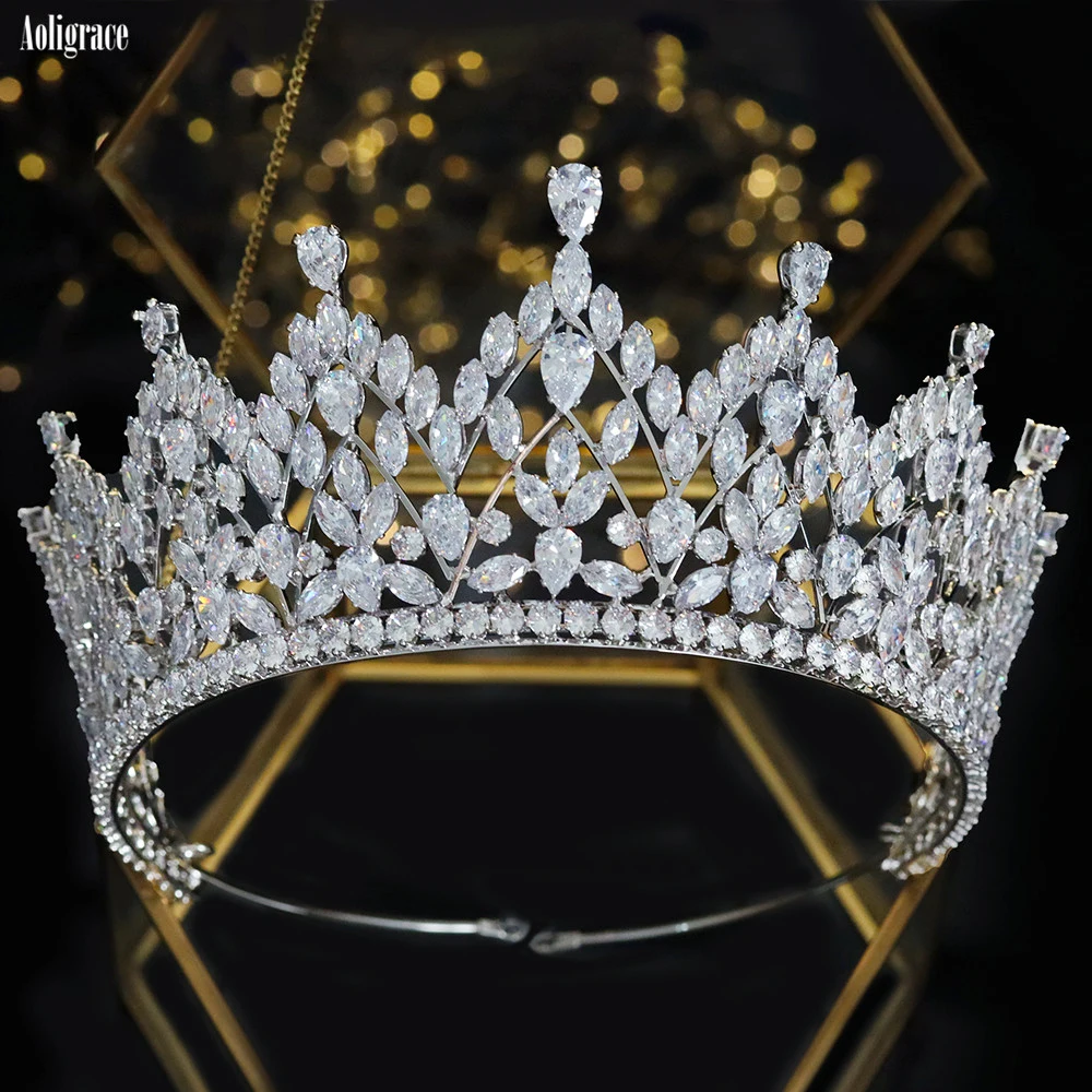 

White CZ Princess Pageant Crowns Full Cubic Zirconia Tiaras for Bride Birthday Quinceanera Headpiece Wedding Hair Accessories