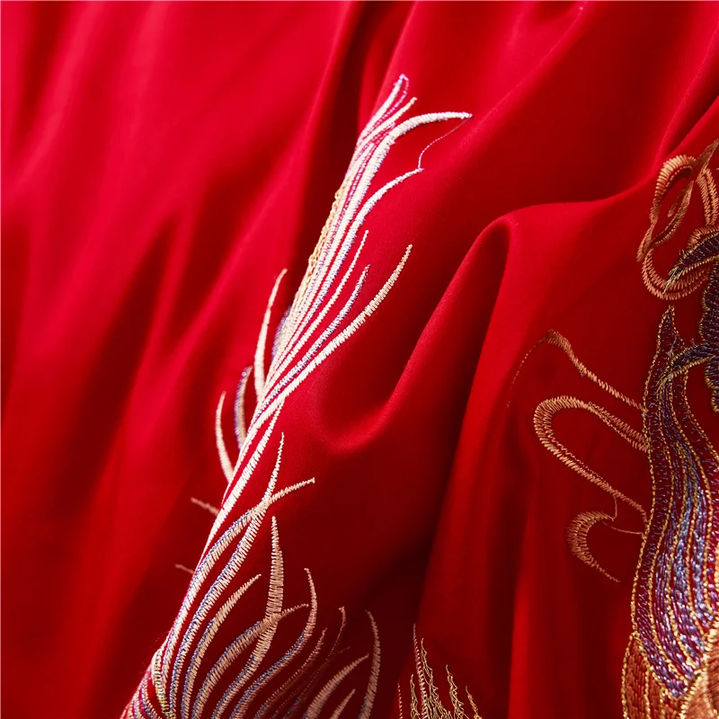 

Luxury Golden Phoenix Loong Embroidery Chinese Wedding Red Pure Cotton Bedding Set Duvet Cover Bed Sheet Bedspread Pillowcases