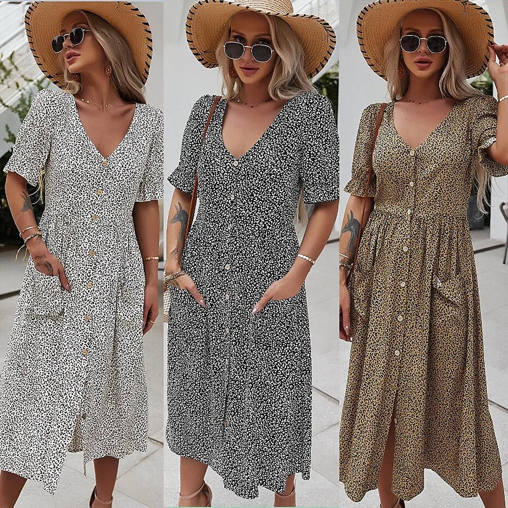 

Women Summer Beach Chiffon Dress Casual Short Sleeve Polka Dot Dress Boho Party Dress Elegant V Neck Sundress Vestidos