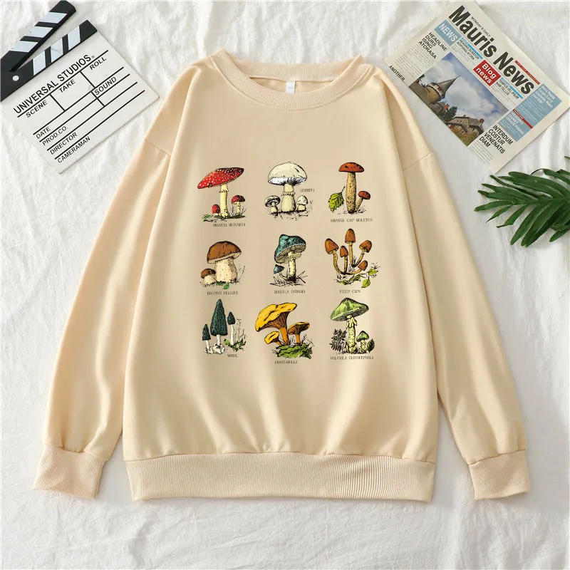 

Autumn 2021 new style mushroom illustration aesthetic graphics long-sleeved pullover casual loose round neck cotton sweatshirt