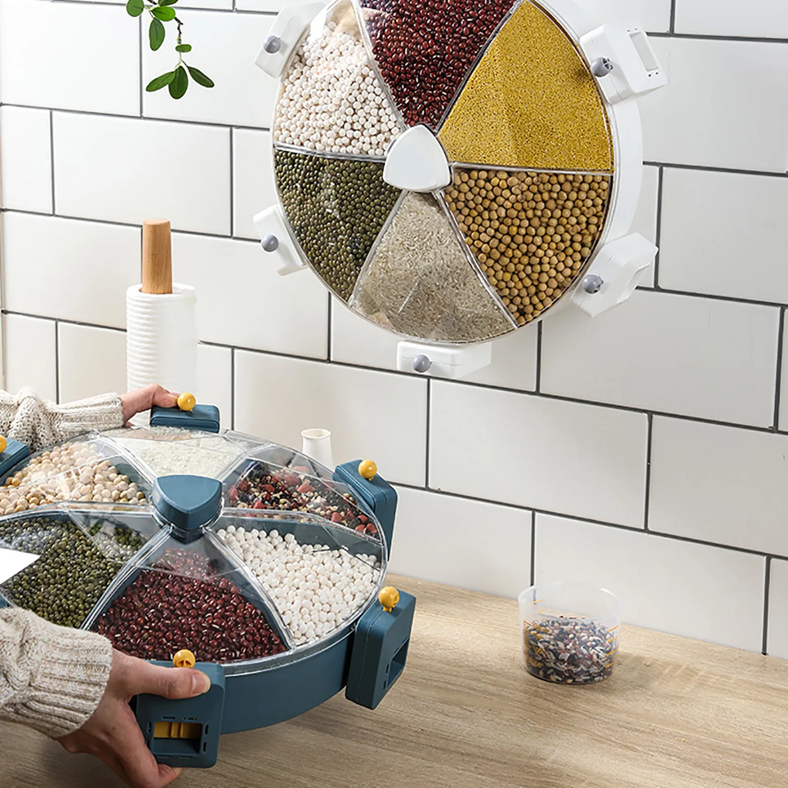 

6 Grid Cereals Rice Dispenser Wall-Mounted Grain Storage Box Rotating Food Dispenser Transparent Grain Dispenser Container