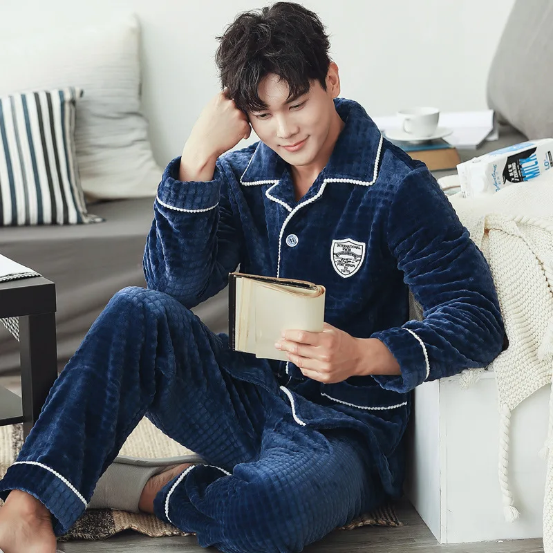 Men's Fall Winter Flannel Cardigan Thickened Warm Coral Velvet Nightwear Large Lapel Home Suit Pajama Lounge Wear Clothing Sets