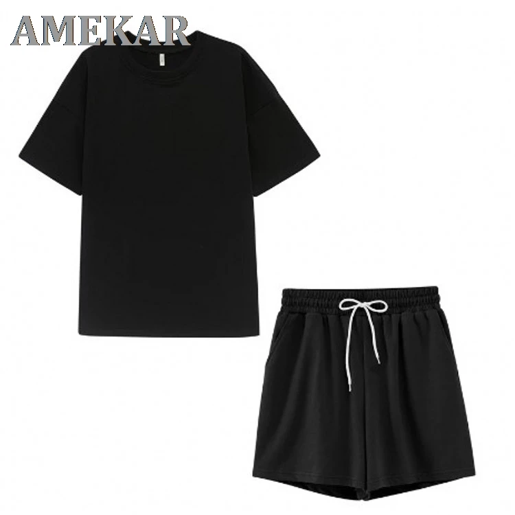 

Summer Tracksuits Womens Two Peices Set Leisure Outfits Cotton Oversized T-shirts High Waist Shorts Candy Color Clothing