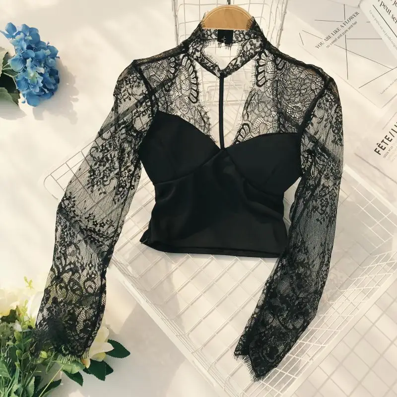 Лето осень новый джемпер с v образным вырезом кружевные короткие топы длинными